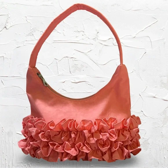 EUC. MOLLY GODDARD X BAGGU RUFFLE PINK SHOULDER BAG. SOLD OUT.ATTACHED KEY STRAP - Picture 13 of 16